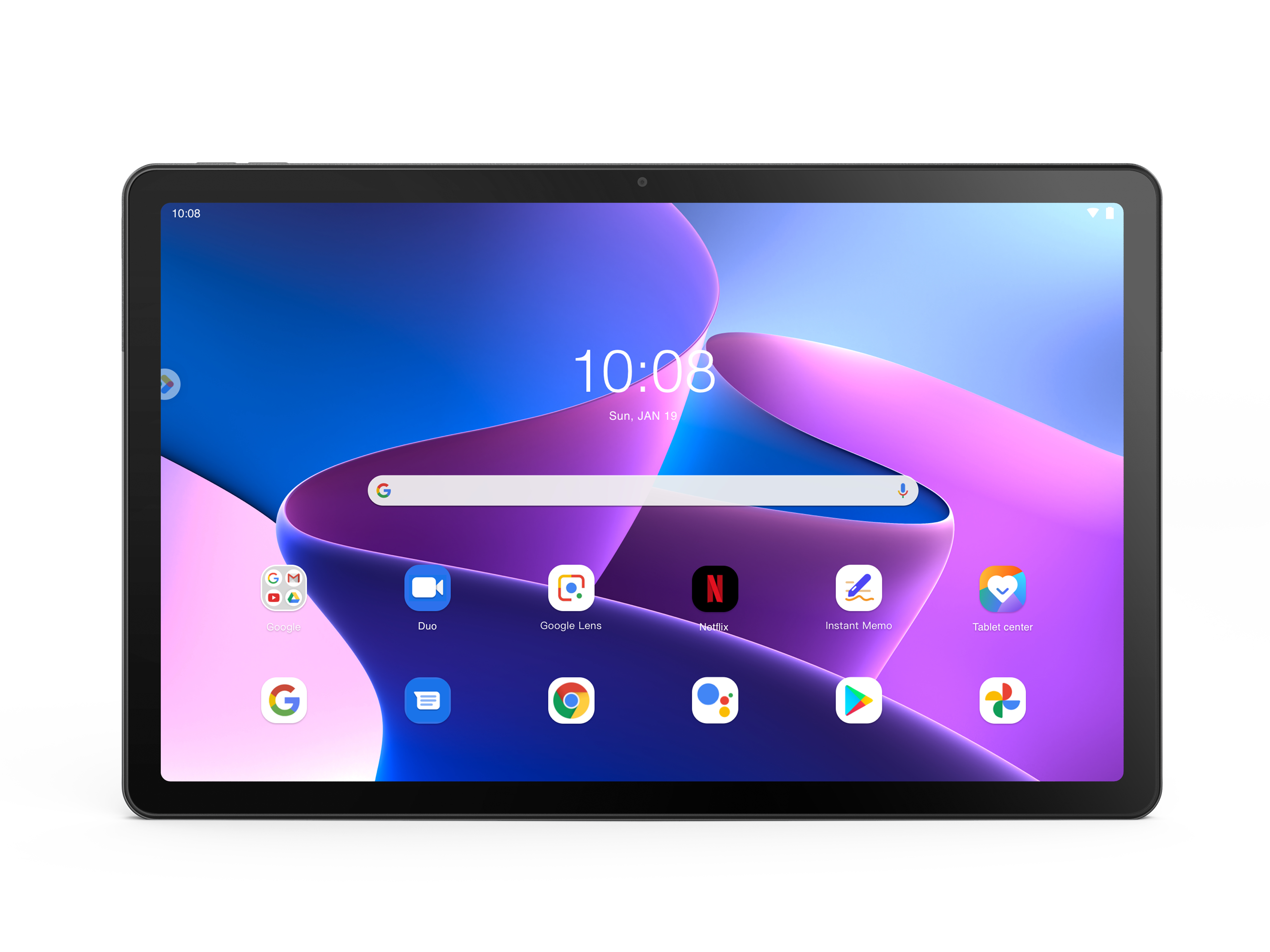 Tablet mit hellem Bildschirm, Apps und Zeitanzeige, schwarzer Rahmen, weißer Hintergrund.