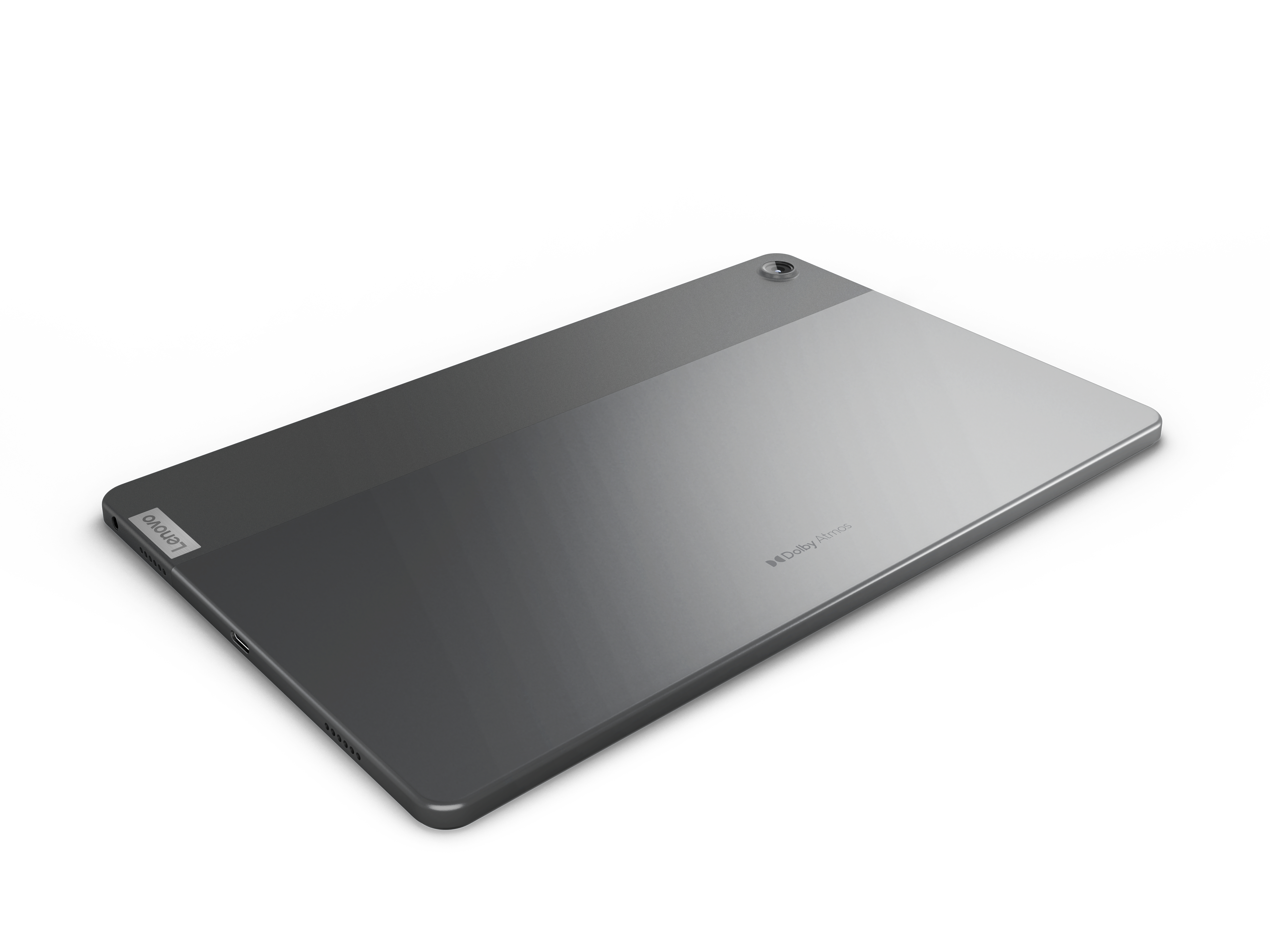 Ein Tablet auf weißer Oberfläche. Das Tablet ist grau und hat eine Kamera in der Ecke.