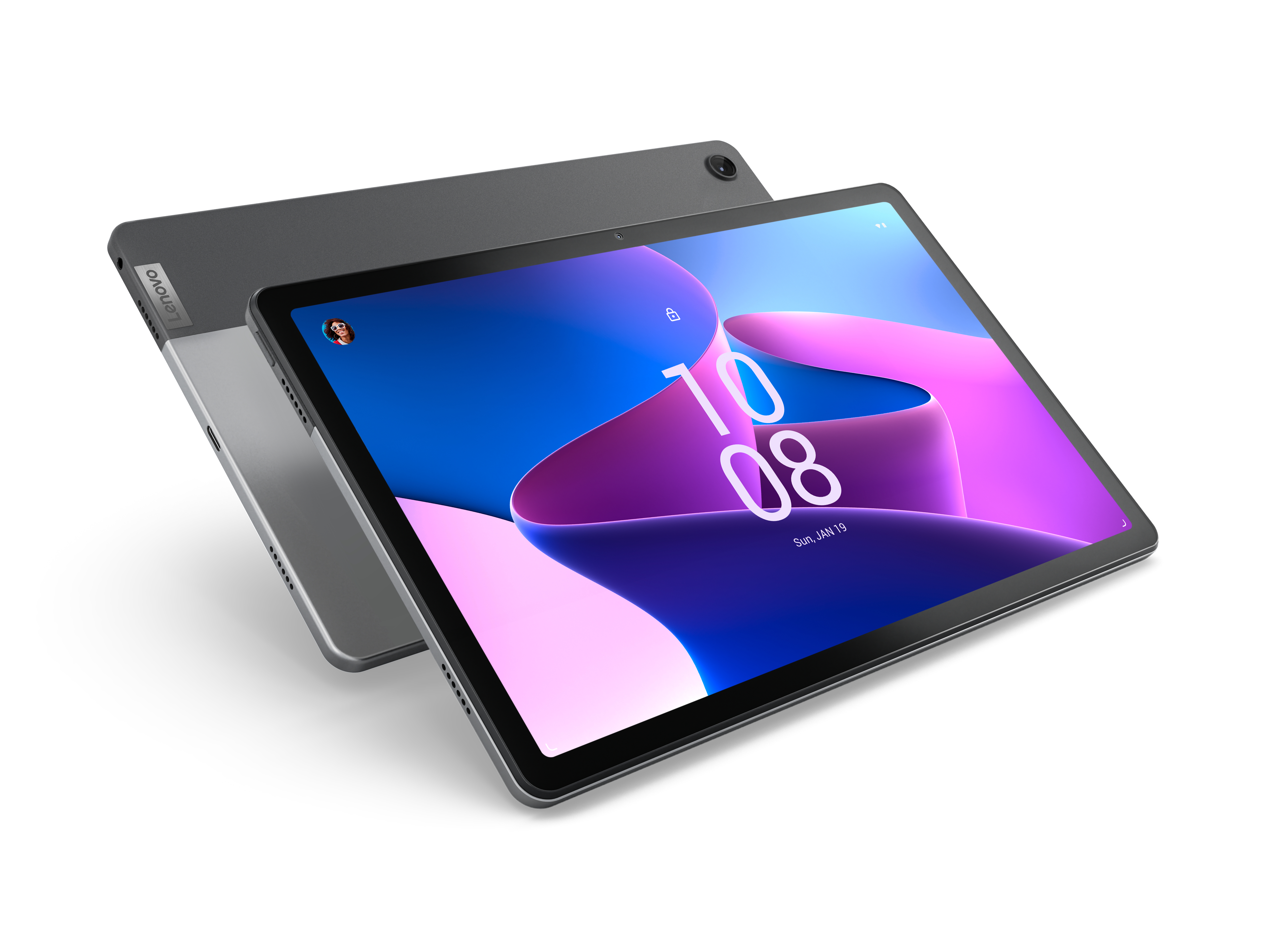 Lenovo-Tablet, zeigt eine digitale Uhr und Datum auf dem Bildschirm. Ein weiteres dahinter.