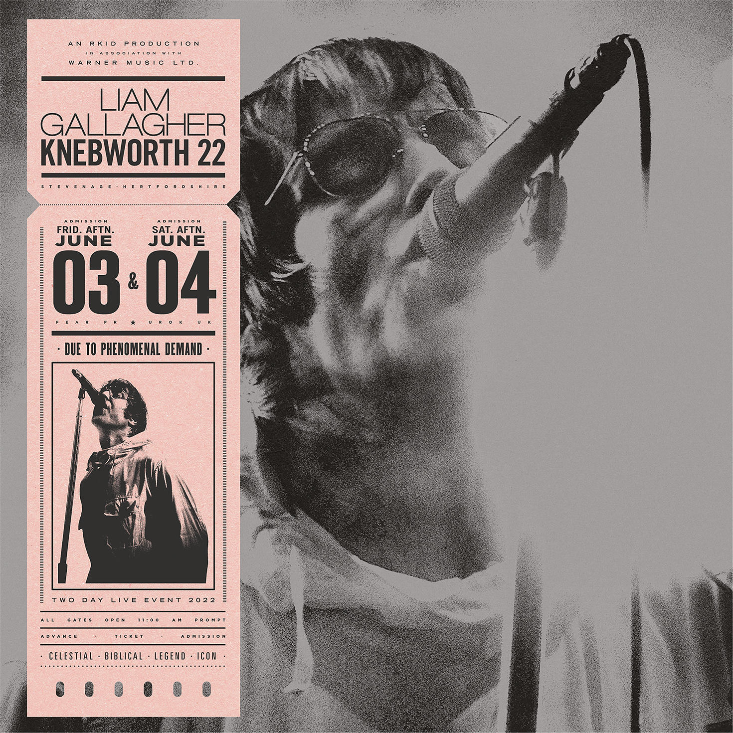 Konzertticket mit Liam Gallaghers Foto, rosa Hintergrund und Veranstaltungsdetails.