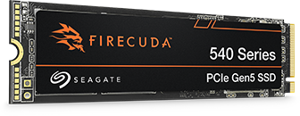 Schwarzes SSD-Laufwerk mit Firecuda-Logo, '540 Series' und 'PCIe Gen5 SSD'.