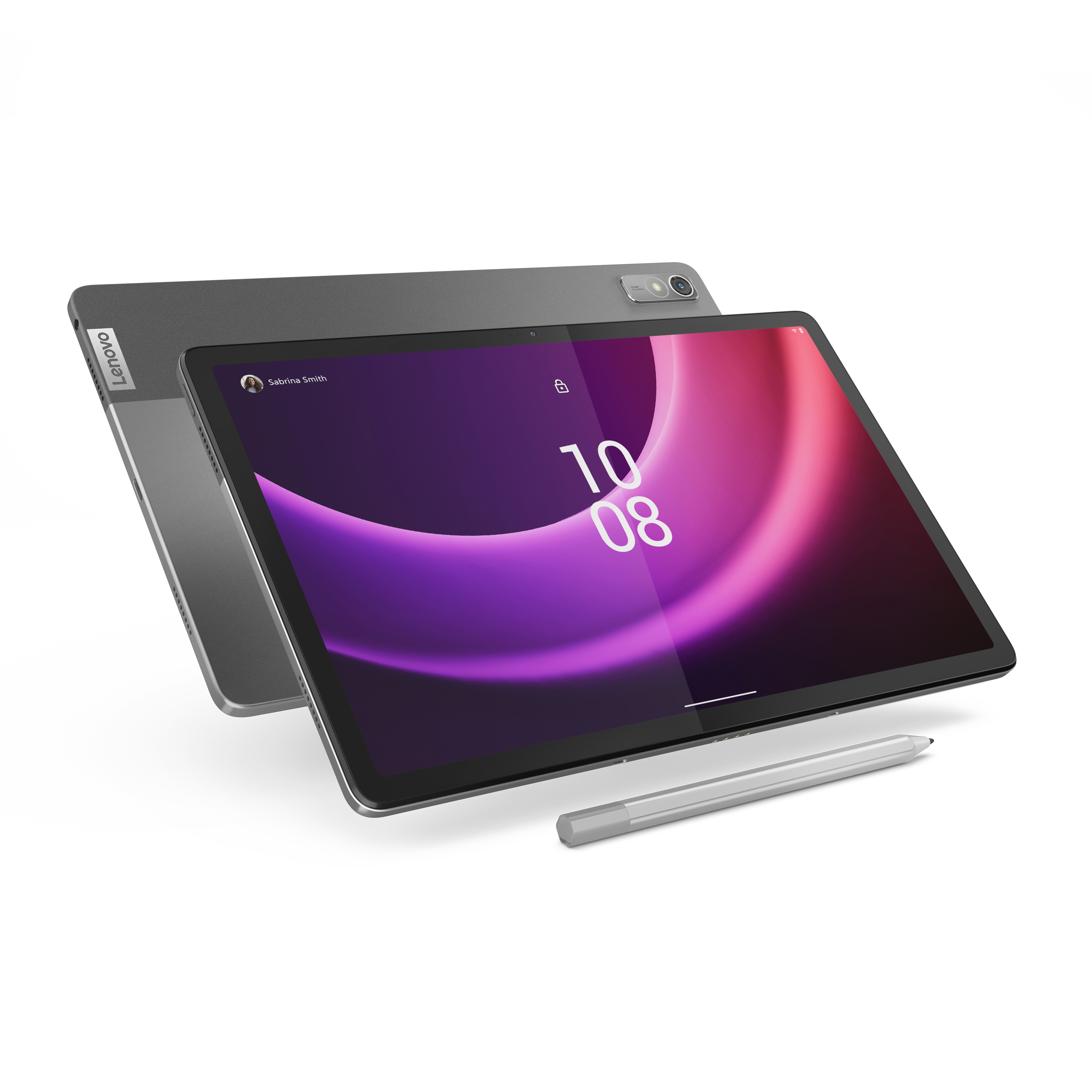 Lenovo Tablet, das einen Sperrbildschirm mit Uhrzeit und dem Lenovo-Logo zeigt.