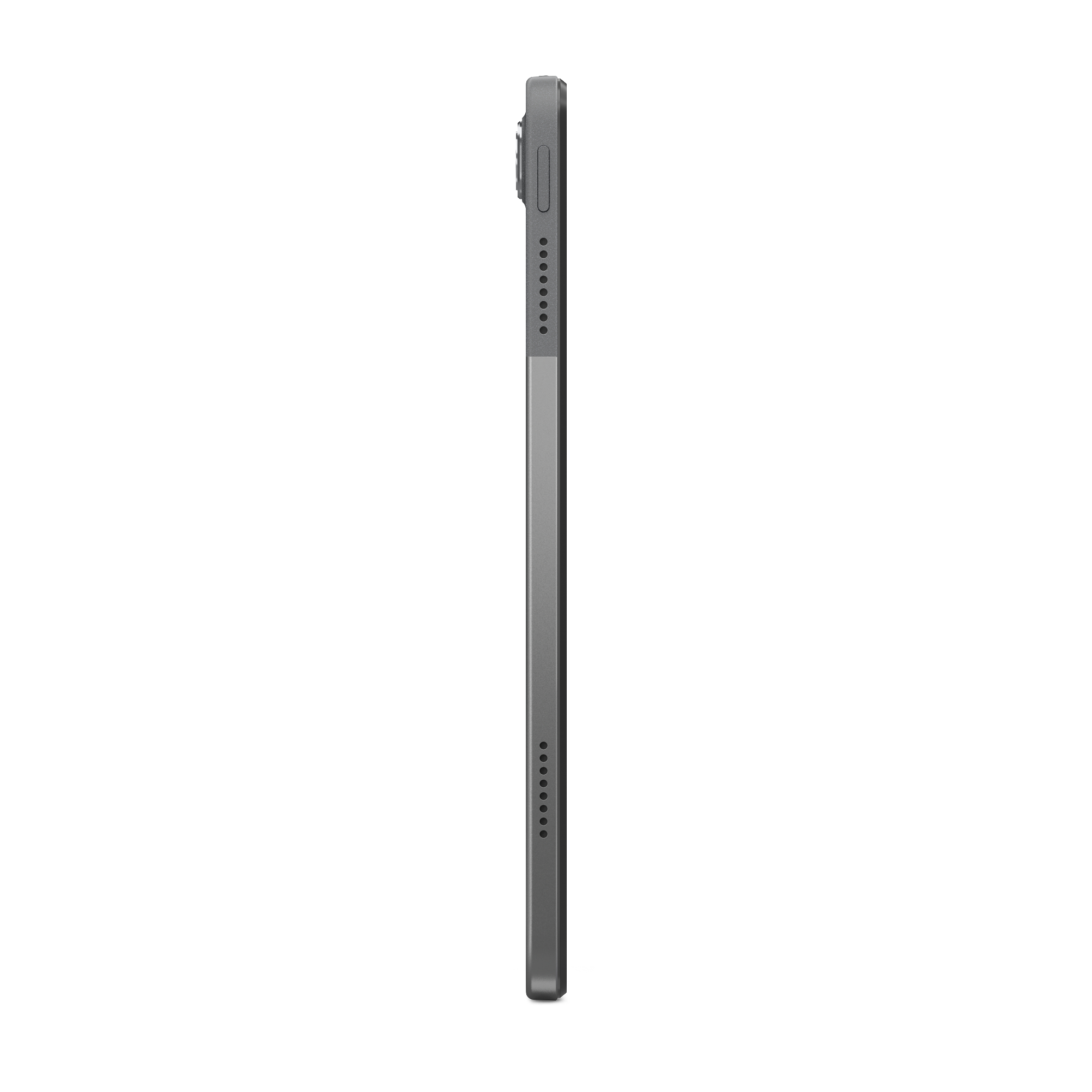 Seitenansicht eines grauen Tablets mit Kamera, Knöpfen und Lautsprecherlöchern an den Rändern.