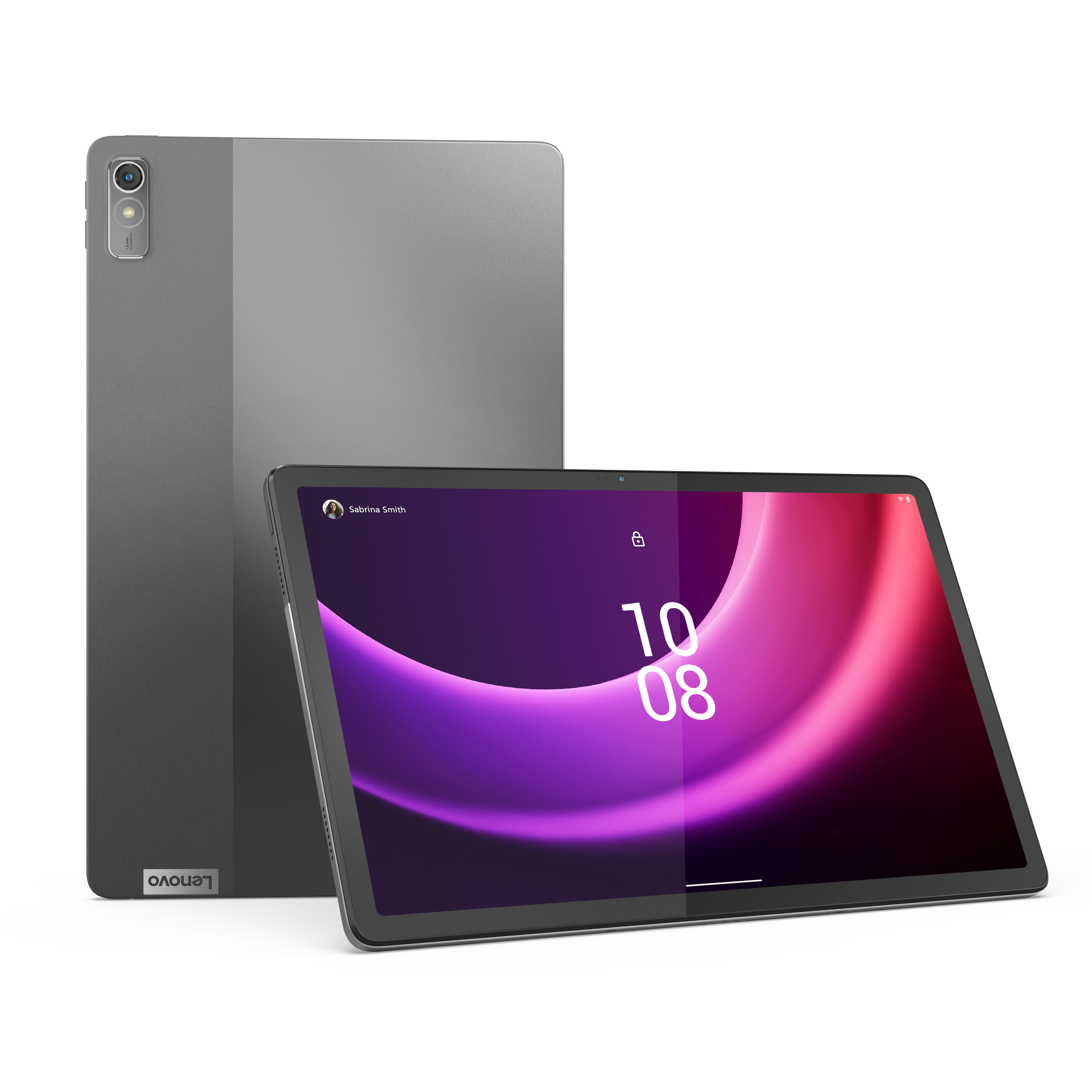 Ein graues Tablet wird in einem Winkel gezeigt, wobei der Bildschirm einen lila-roten Farbverlauf anzeigt.
