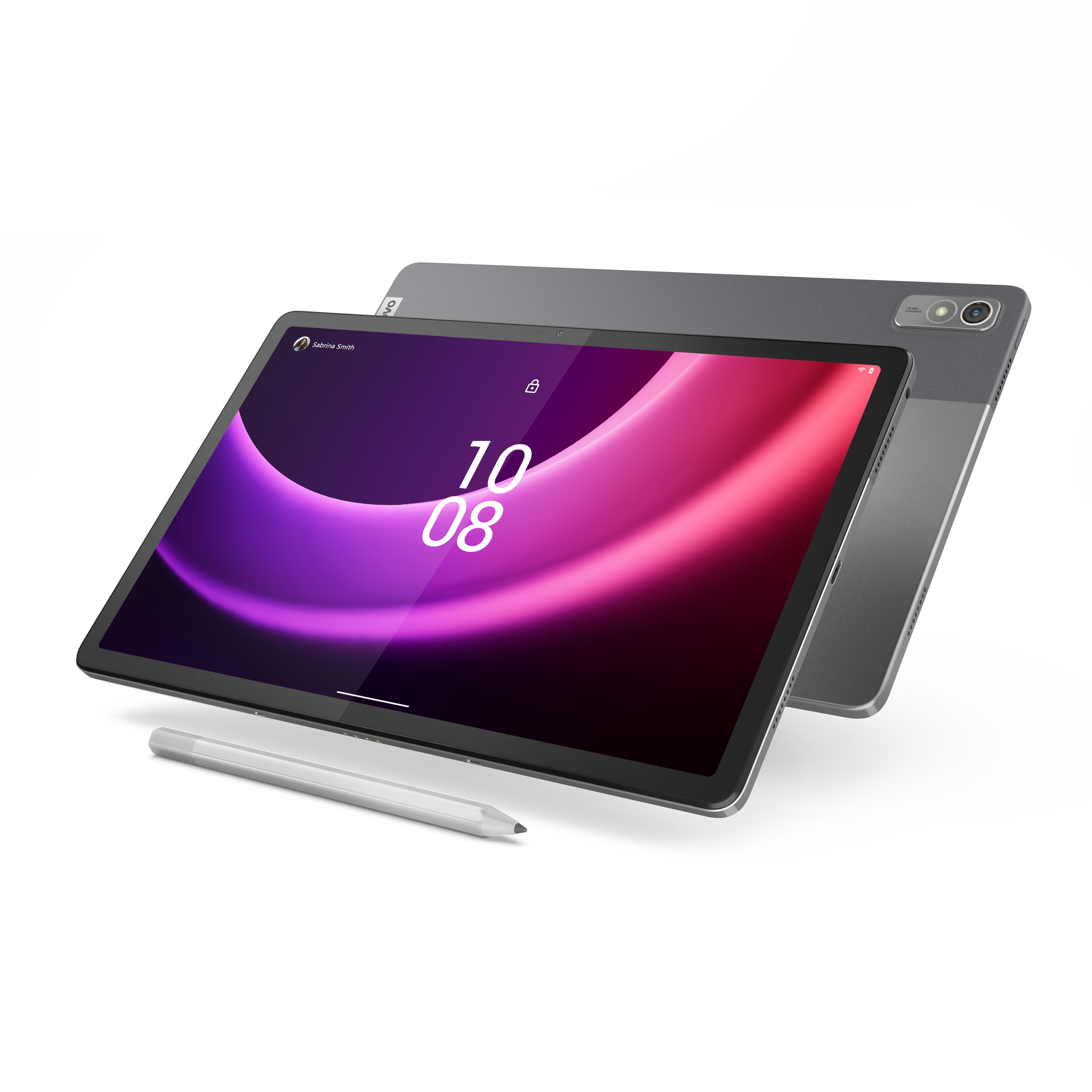 Ein graues Tablet mit hellem Bildschirm, der die Uhrzeit, das Datum und ein pink-lila Design anzeigt.
