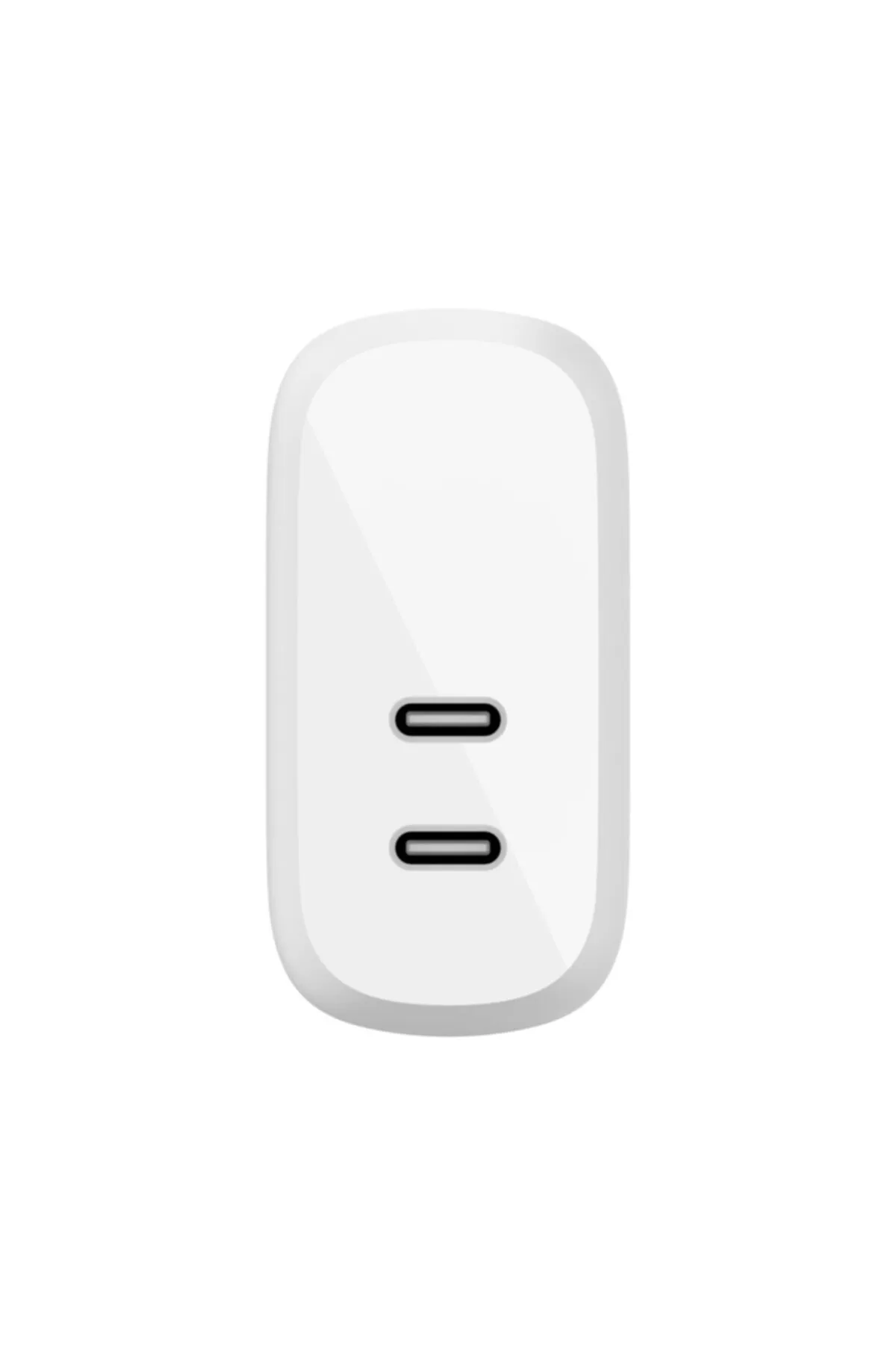 İki USB-C bağlantı noktasına sahip beyaz bir duvar şarj cihazı. Yuvarlak kenarları ve pürüzsüz bir yüzeyi var.