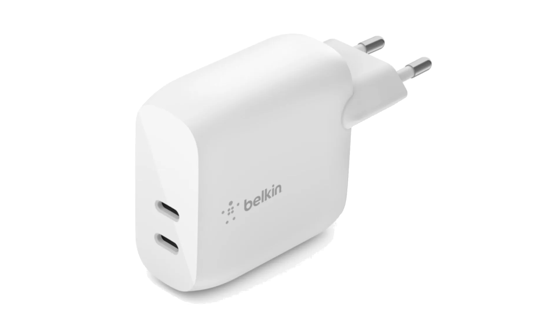 İki USB-C portlu ve AB fişli beyaz Belkin duvar şarj cihazı.