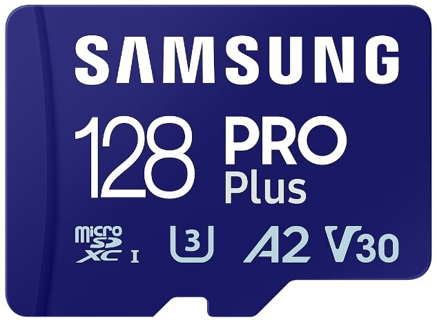 Niebieska karta microSD Samsung 128 PRO Plus z tekstem i symbolami na powierzchni.
