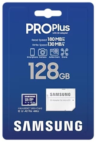 Niebiesko-białe opakowanie karty SD Samsung Pro Plus ze szczegółami prędkości odczytu i zapisu.