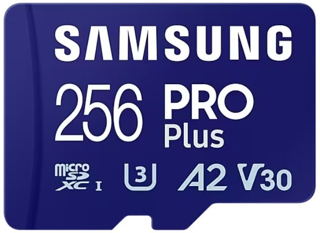 Niebieska karta microSD Samsung 256 PRO Plus, z tekstem i logo.