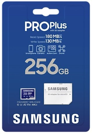 Opakowanie karty microSD Samsung Pro Plus 256GB, niebieskie tło.