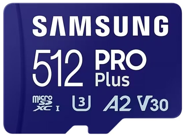 Niebieska karta microSD Samsung 512 PRO Plus. Tekst: 512 PRO Plus, microSD, A2 V30.