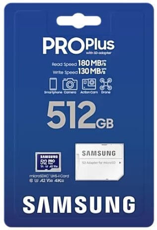 Opakowanie karty microSD Samsung Pro Plus. Pokazuje kartę i adapter. Odczyt 180MB/s, zapis 130MB/s.