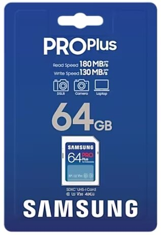 Karta SD w niebieskim opakowaniu. Pokazuje 64GB i prędkości odczytu/zapisu.