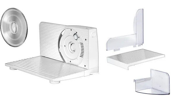 Krajalnica do mięsa z ostrzem, zdemontowane części na białym tle.