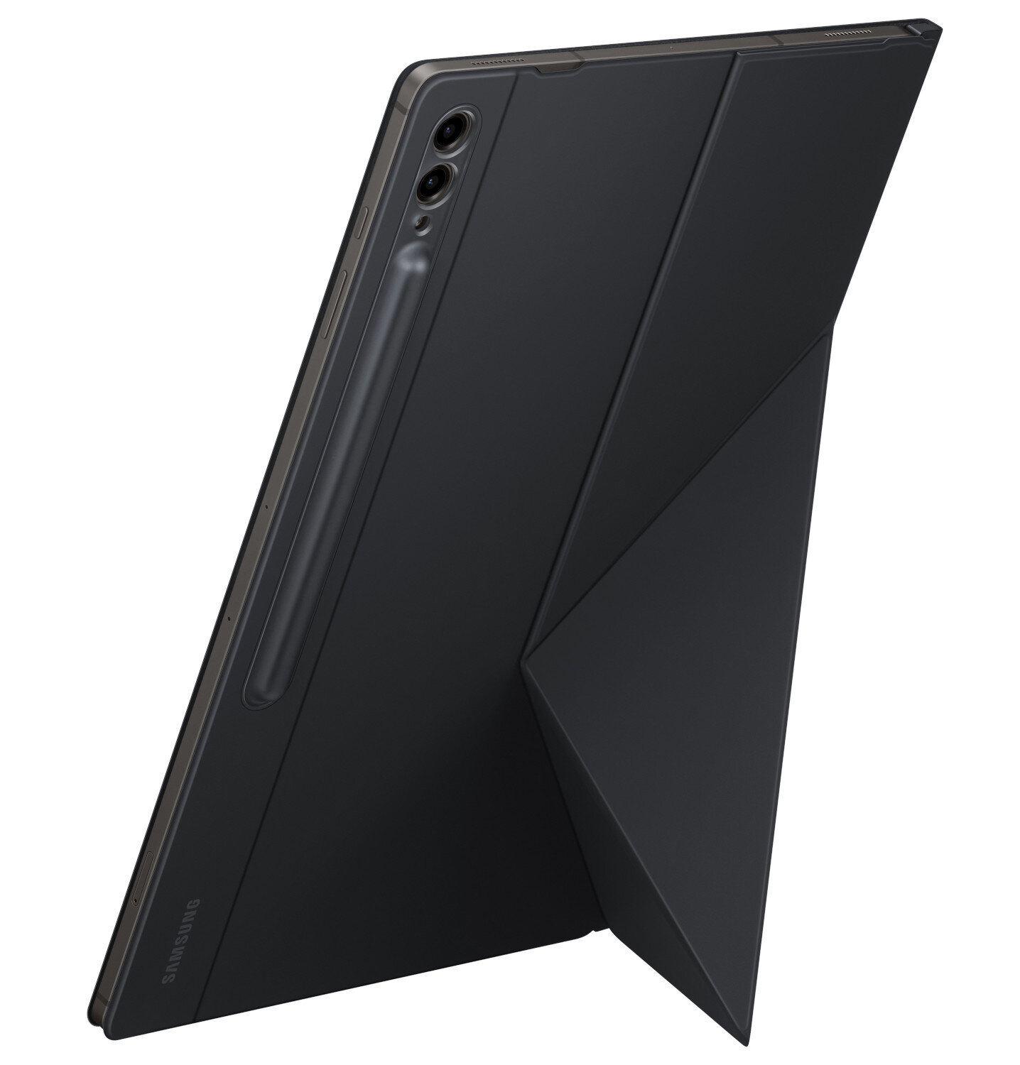 Czarny tablet z rysikiem i składanym etui, stojący na etui.