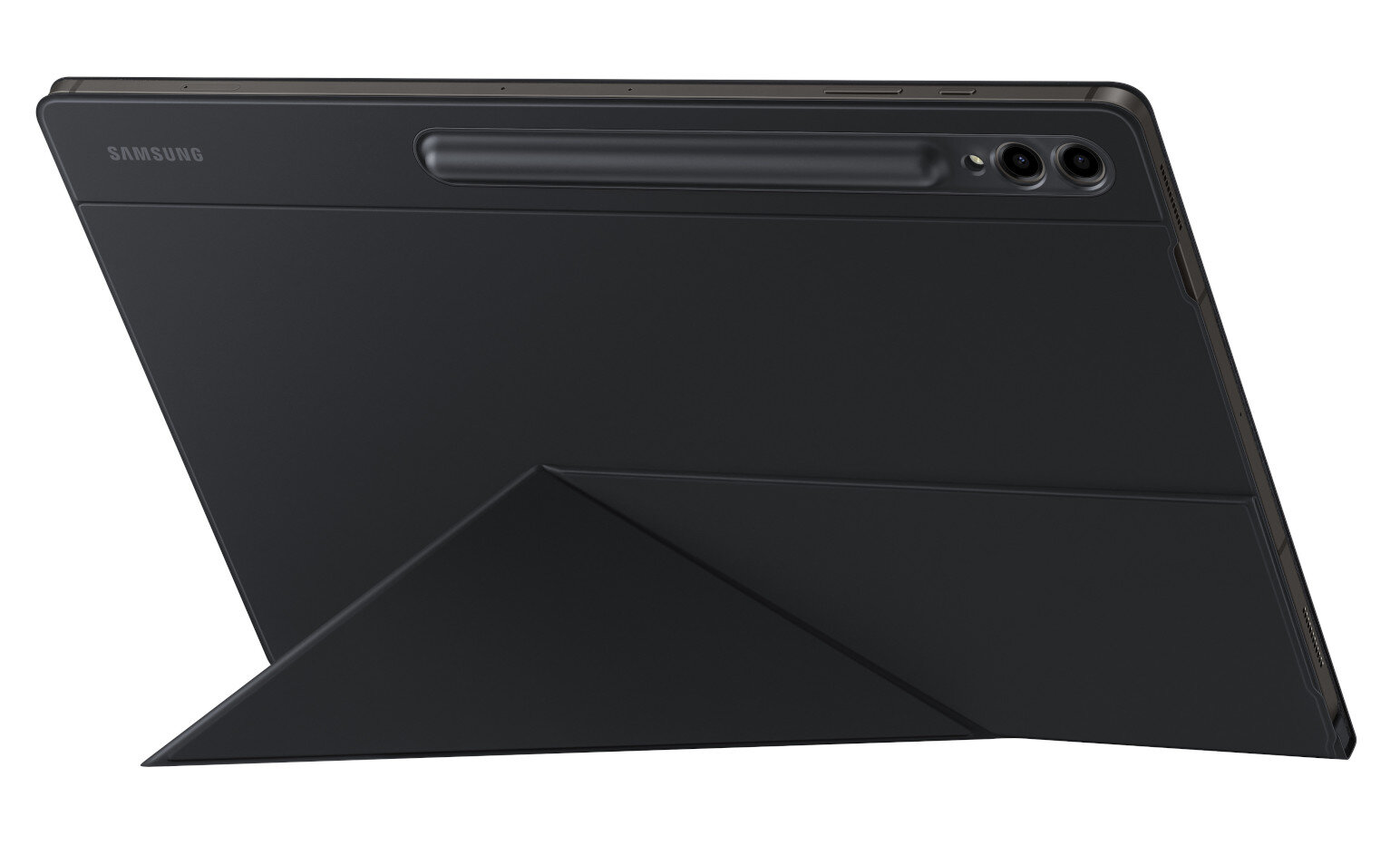 Czarny tablet z klawiaturą złożoną jako podstawka, na białym tle.