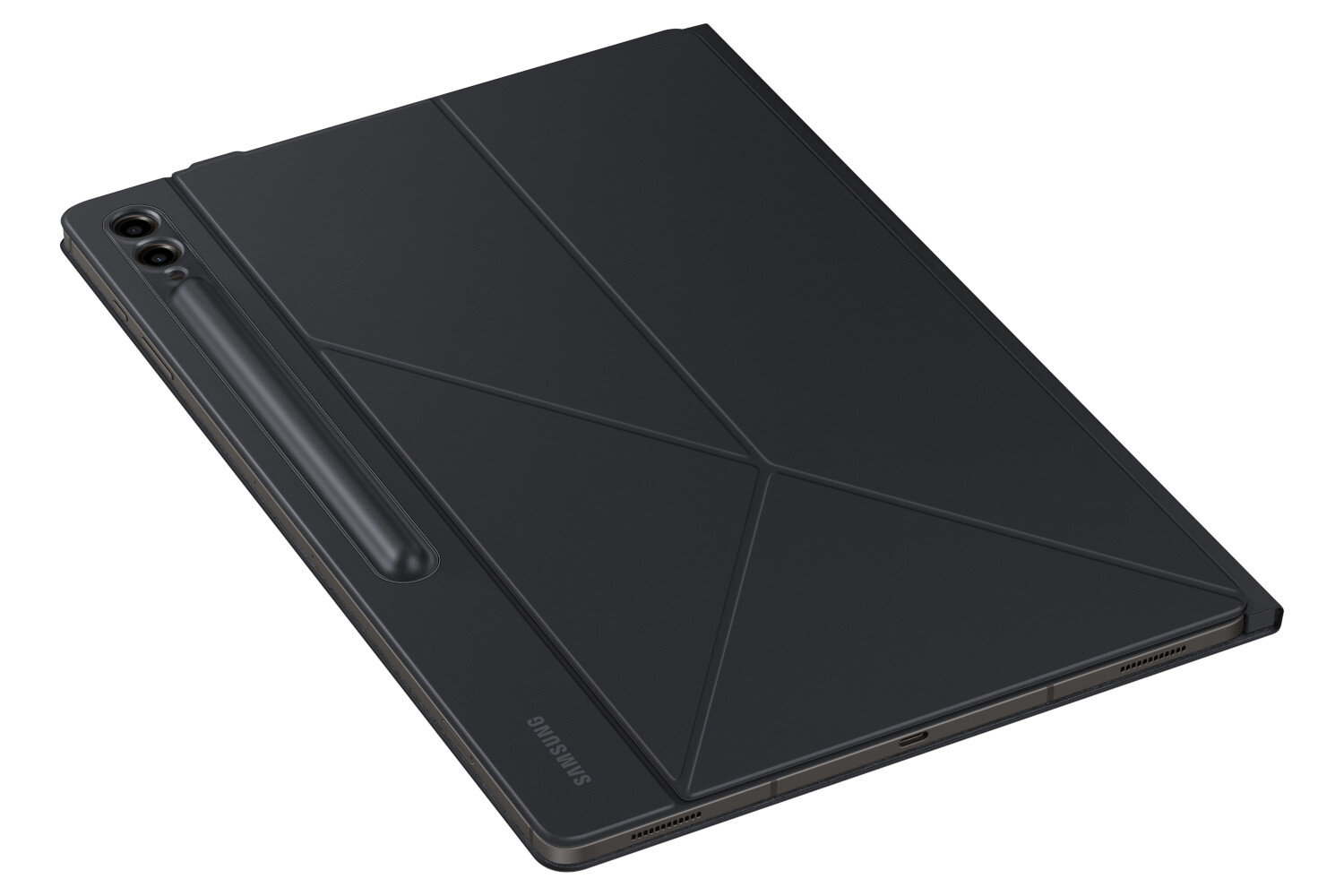 Czarny tablet z dołączonym piórem, na białym tle.