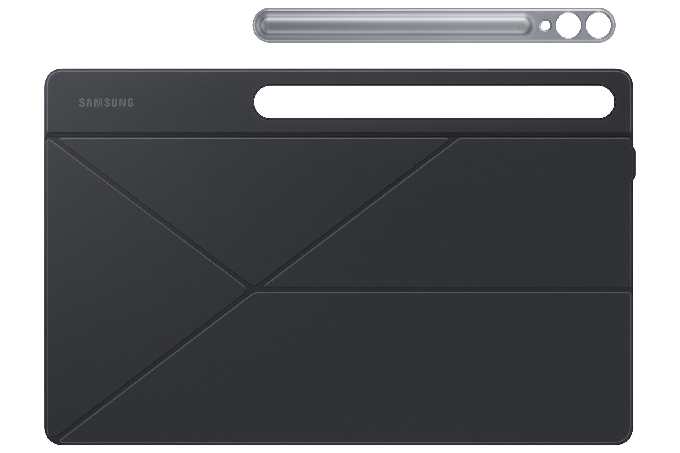 Czarny futerał na tablet z piórem na wierzchu. Etui ma geometryczny wzór i logo Samsung.