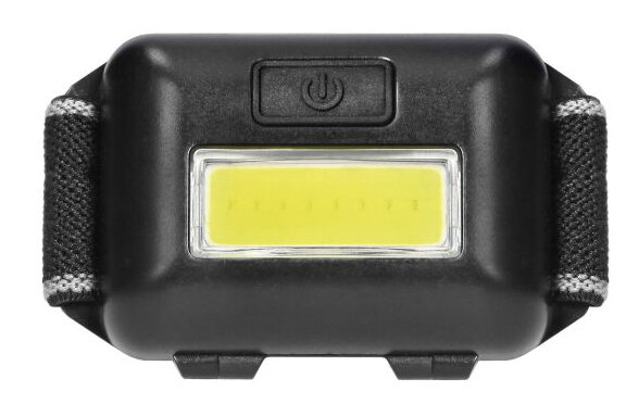 Zbliżenie czarnej lampy czołowej. Posiada panel świetlny i przycisk zasilania.