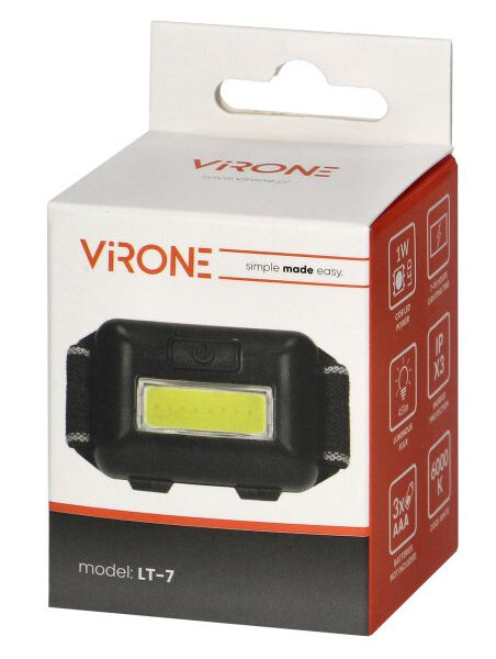 Latarka czołowa w pudełku. Pudełko pokazuje latarkę i jej cechy. Białe tło.