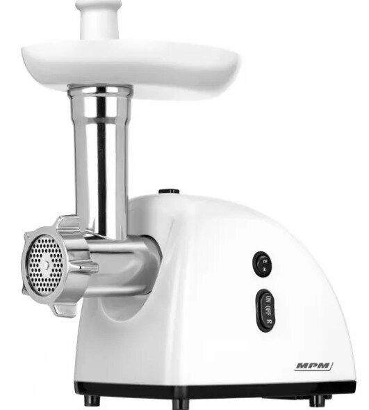 Biała maszynka do mielenia mięsa. Posiada lejek, głowicę mielącą i włącznik/wyłącznik.