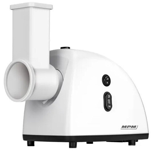 Biała maszynka do mielenia żywności z lejem i włącznikiem/wyłącznikiem. Czarna podstawa.