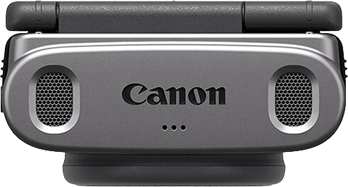 Szürke Canon mikrofon, két hálós nyílással és Canon logóval.