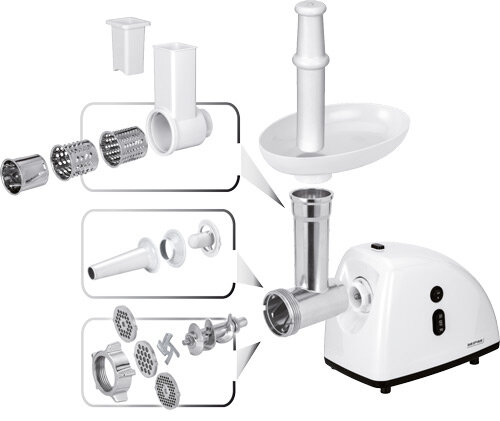 Rozłożone części maszynki do mięsa i zmontowana biała maszynka.