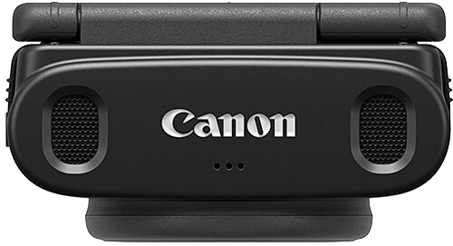Egy fekete Canon kameramikrofon fehér Canon logóval. A mikrofonnak két kör alakú nyílása van.