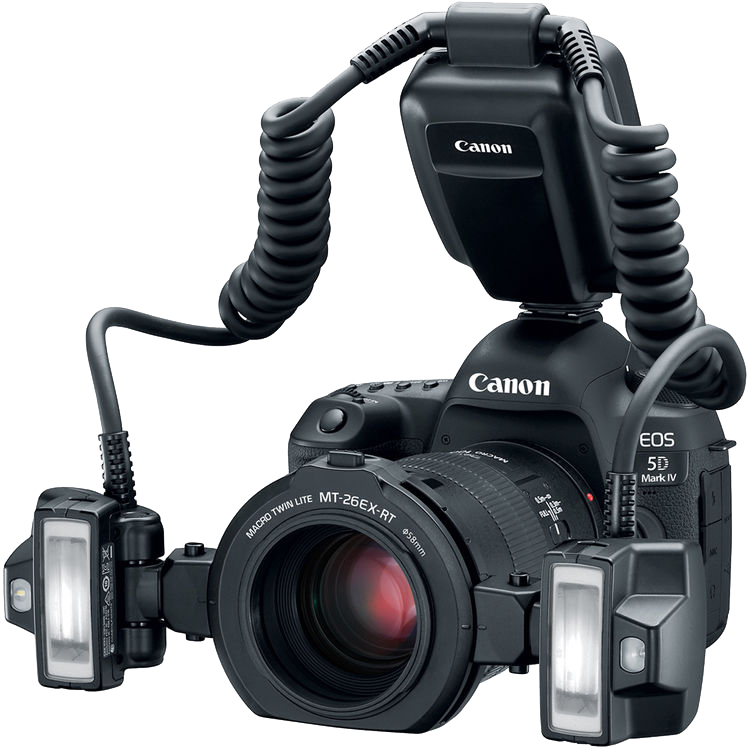 Canon kamera beállítás vaku egységekkel. A fő kamera objektívvel rendelkezik, és két vakuhoz csatlakozik.