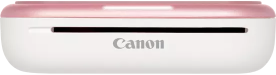 Egy fehér és rózsaszín Canon IVY Mini fotónyomtató látható, a Canon logójával.