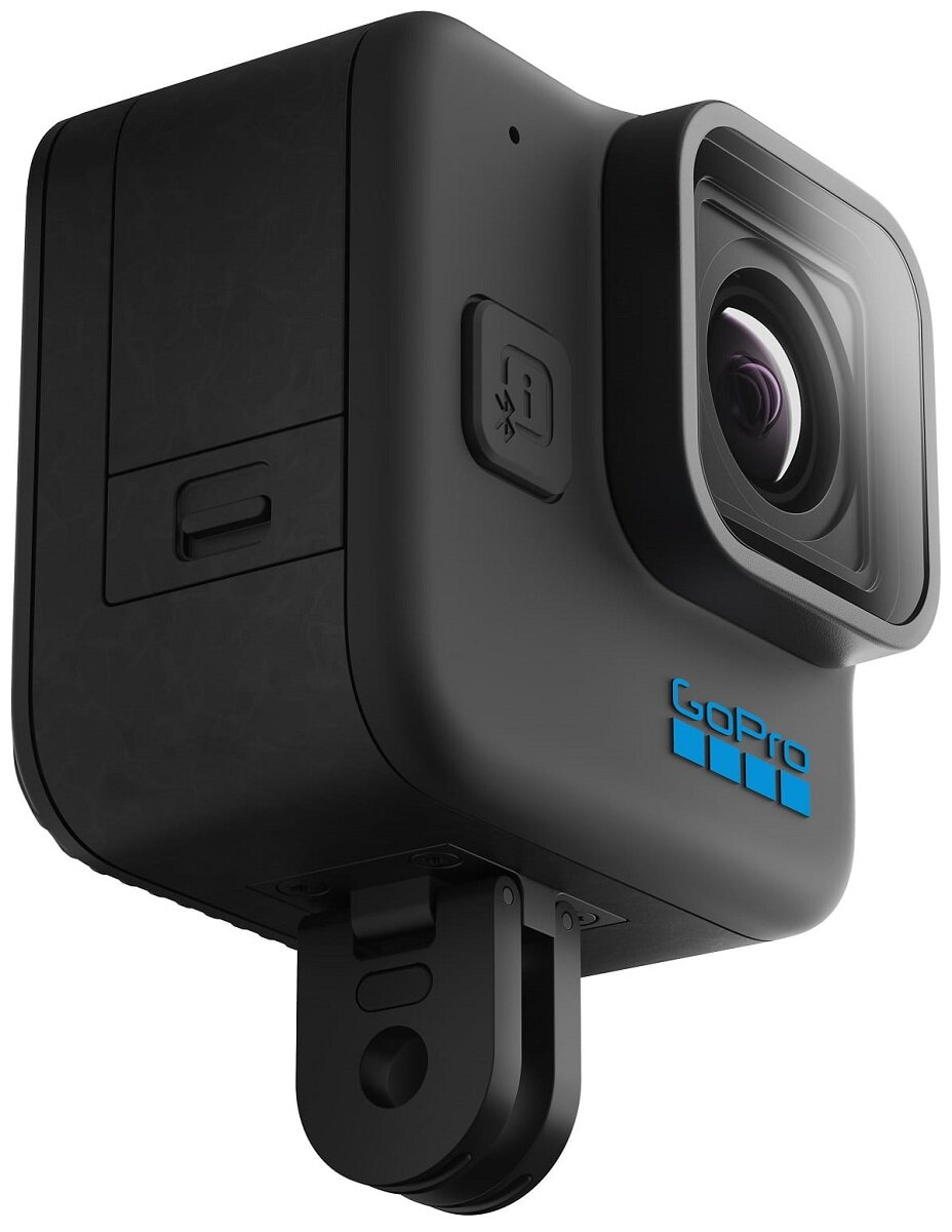 Czarna kamera GoPro z niebieskim logo. Ma obiektyw, przycisk i mocowanie na dole.