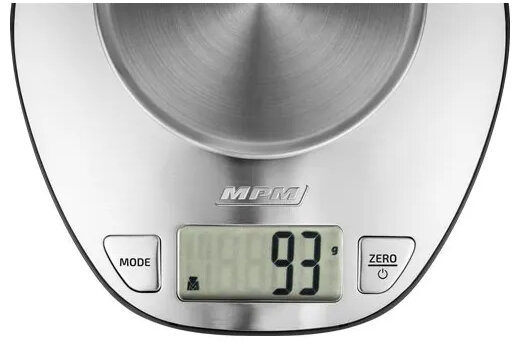 Cyfrowa waga kuchenna z wyświetlaczem 93g. Przyciski: Tryb, Zero. Miska ze stali nierdzewnej.