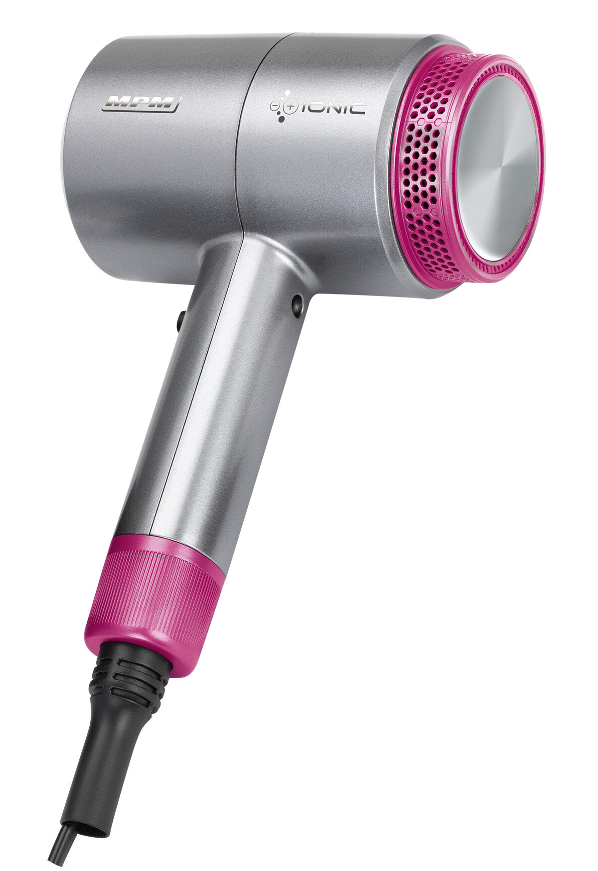 Srebrna suszarka do włosów z różowymi akcentami. Ma uchwyt i logo Ionic.