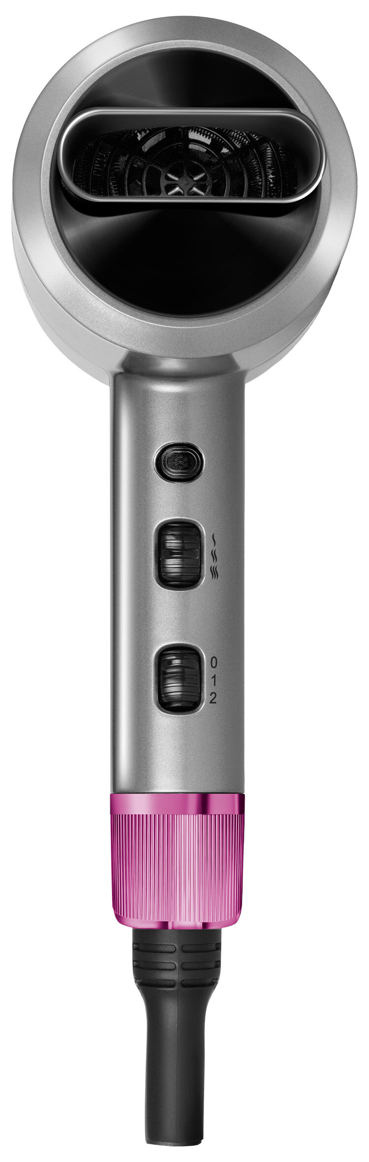 Srebrna i różowa suszarka do włosów, widok z góry. Przyciski i różowy pierścień u podstawy.