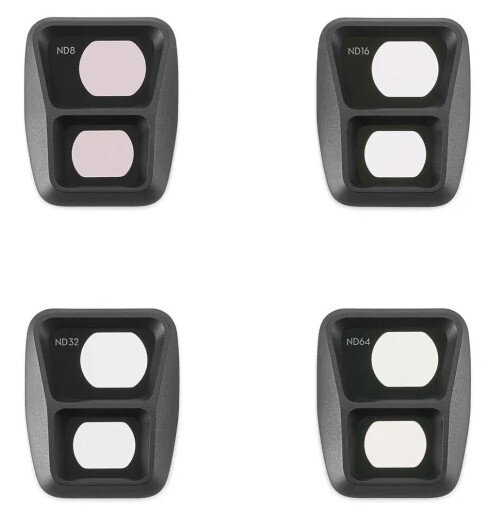 Cztery kwadratowe filtry z szarymi ramkami. Każdy filtr ma dwa koła pośrodku.