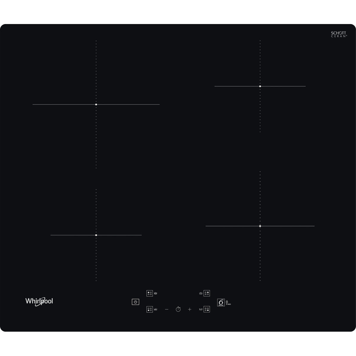 Czarna płyta indukcyjna Whirlpool z czterema okrągłymi strefami gotowania i sterowaniem dotykowym.