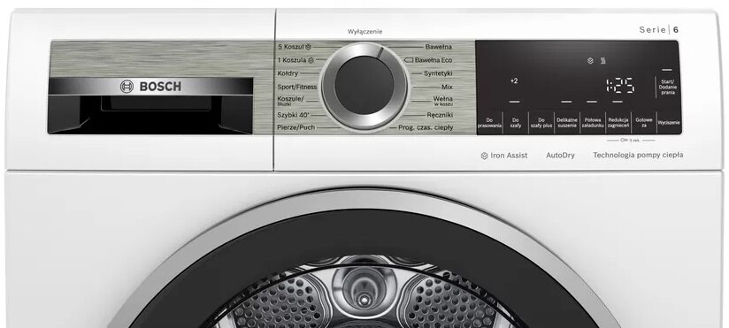 Biały panel sterowania suszarką Bosch Serie 6 z wyświetlaczem i przyciskami.