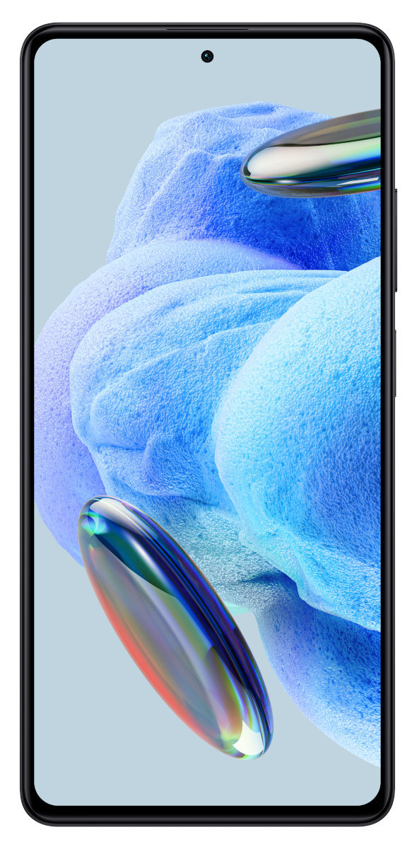 Czarny smartfon wyświetlający niebieskie tło z kolorowymi, abstrakcyjnymi kształtami.