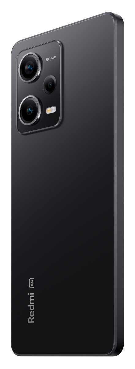 Czarny smartfon z wieloma tylnymi aparatami, widok z boku. Logo Redmi na dole.