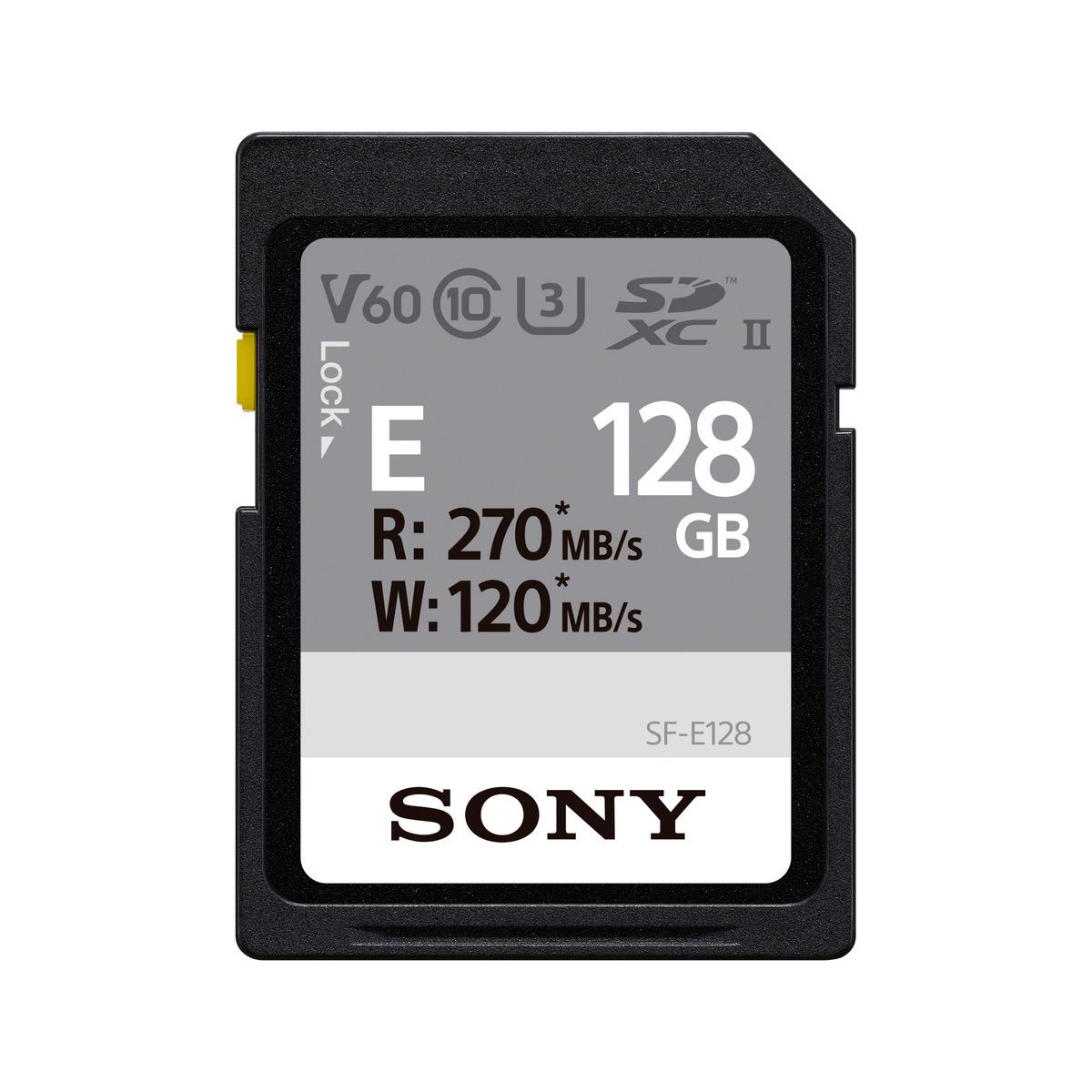 Schwarze Sony 128GB SD-Karte mit weißem Text und gelbem Schieber.