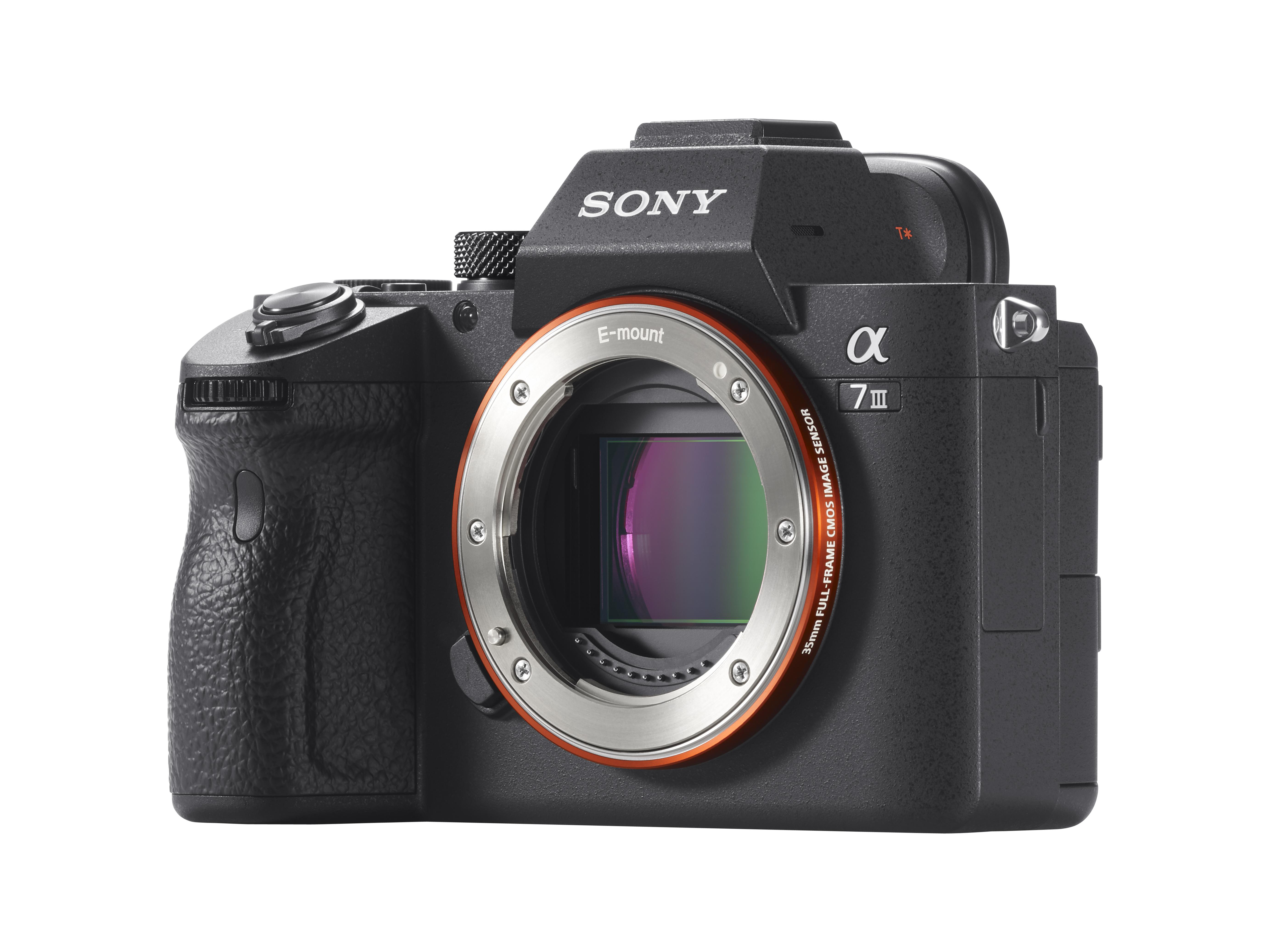 Eine schwarze Kamera mit Objektiv, die Marken Sony und Alpha 7 III sind sichtbar.