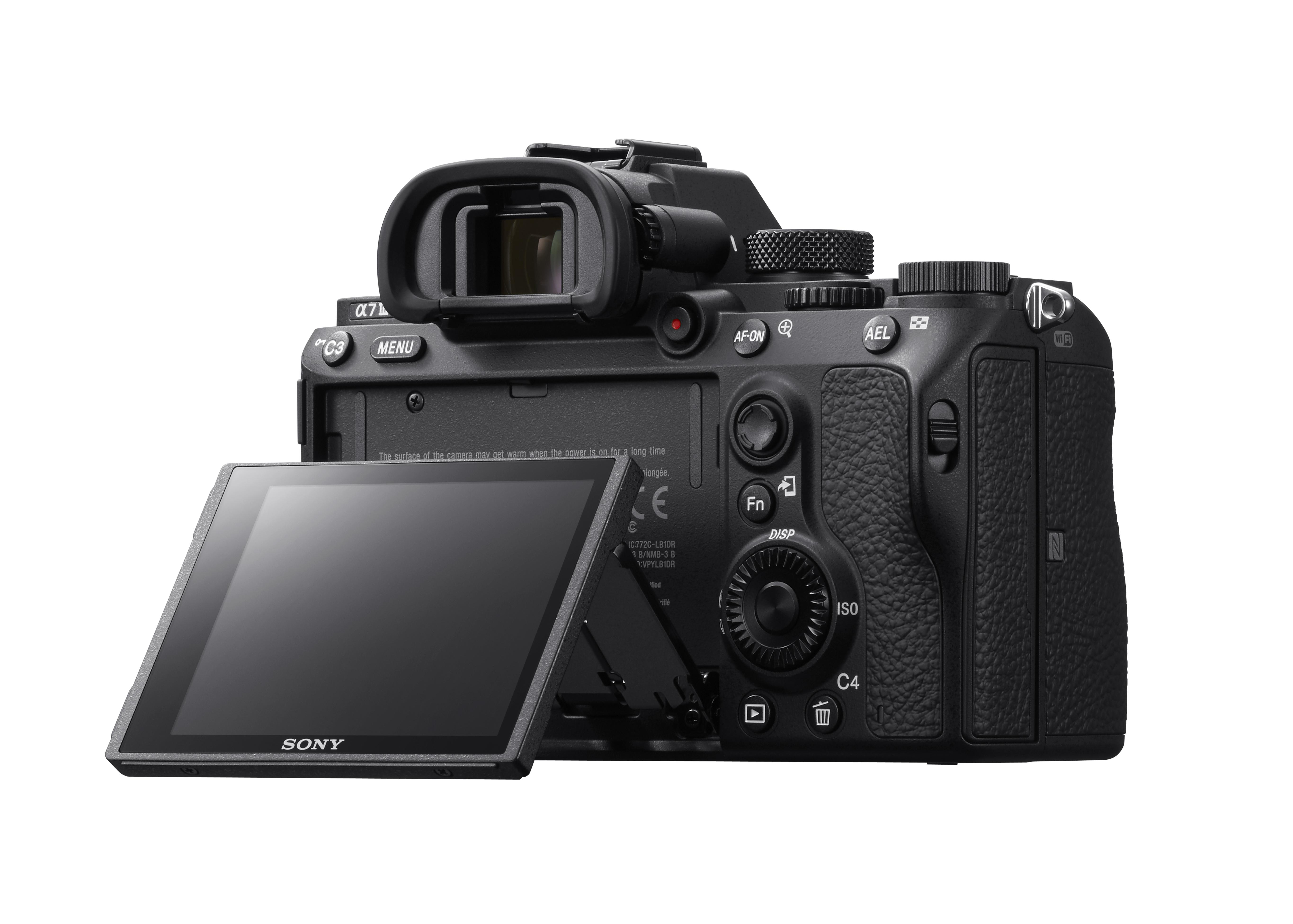 Eine schwarze Sony-Kamera mit ausklappbarem Bildschirm, Knöpfen und Sucher. Das Sony-Logo ist sichtbar.