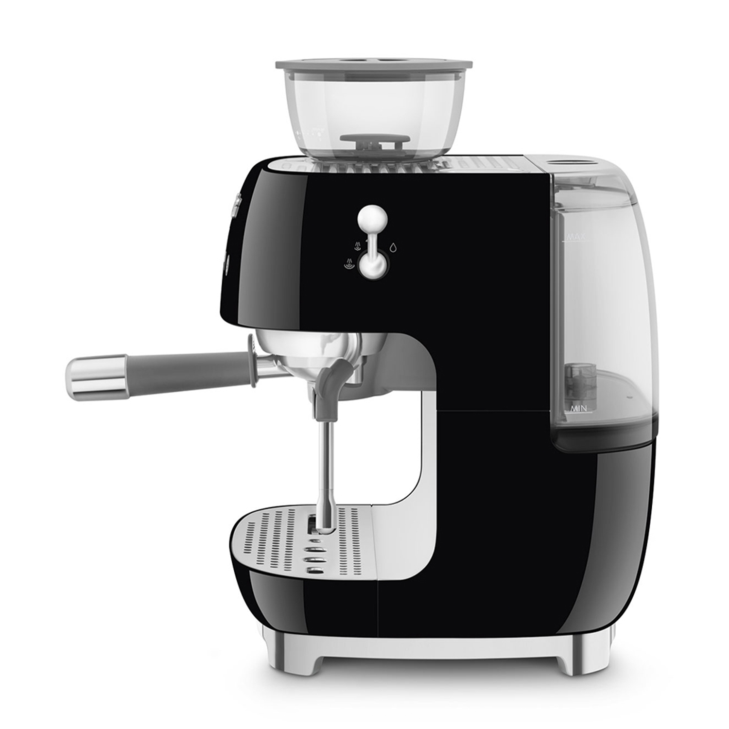 Macchina per caffè espresso nera con macinacaffè, serbatoio e portafiltro su superficie bianca.