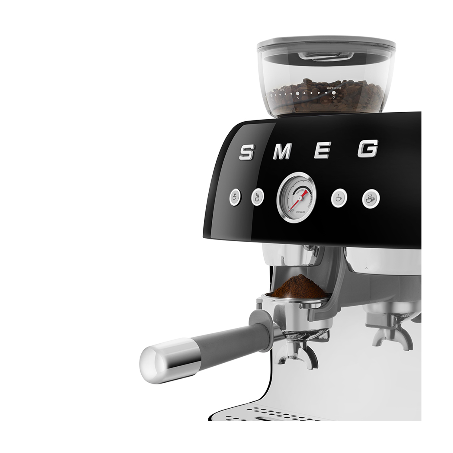 Macchina per espresso. Parte superiore nera, base argentata, con un piccolo contenitore per caffè e un misuratore.