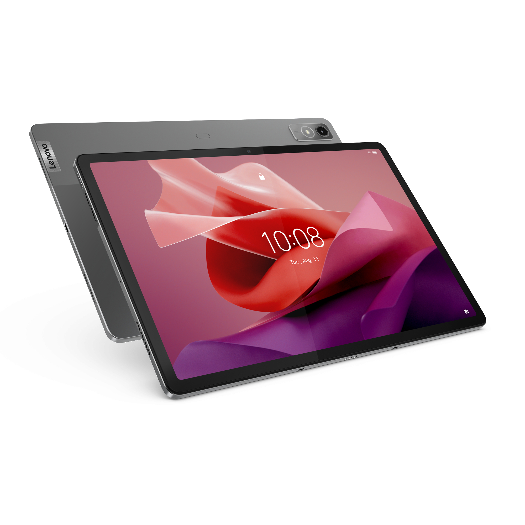 Lenovo Tablet auf weißem Hintergrund, mit einem Bildschirm, der eine Uhr anzeigt.