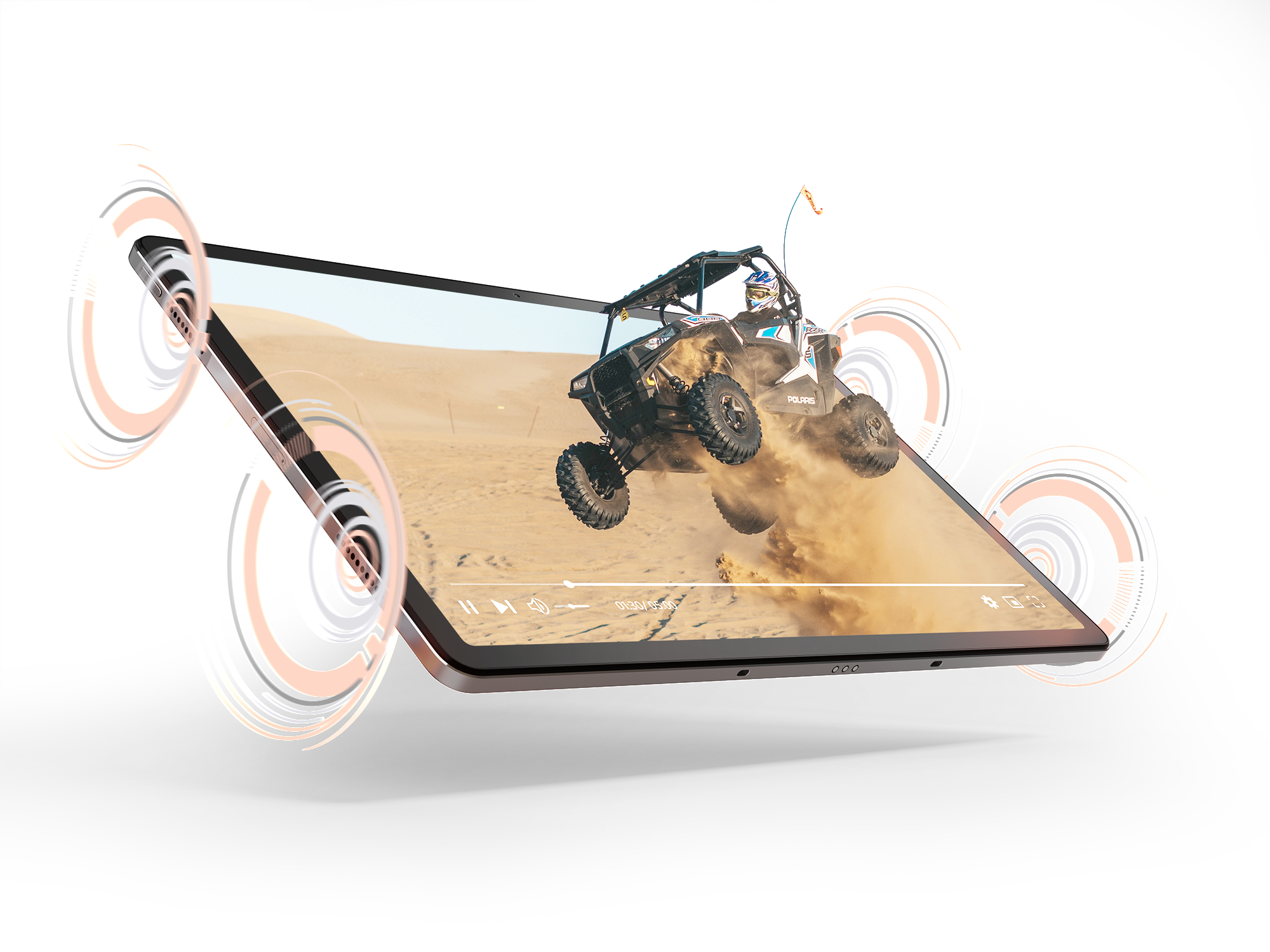 Tablet zeigt ein Video eines springenden Dünenbuggys mit orangefarbenen Designelementen.