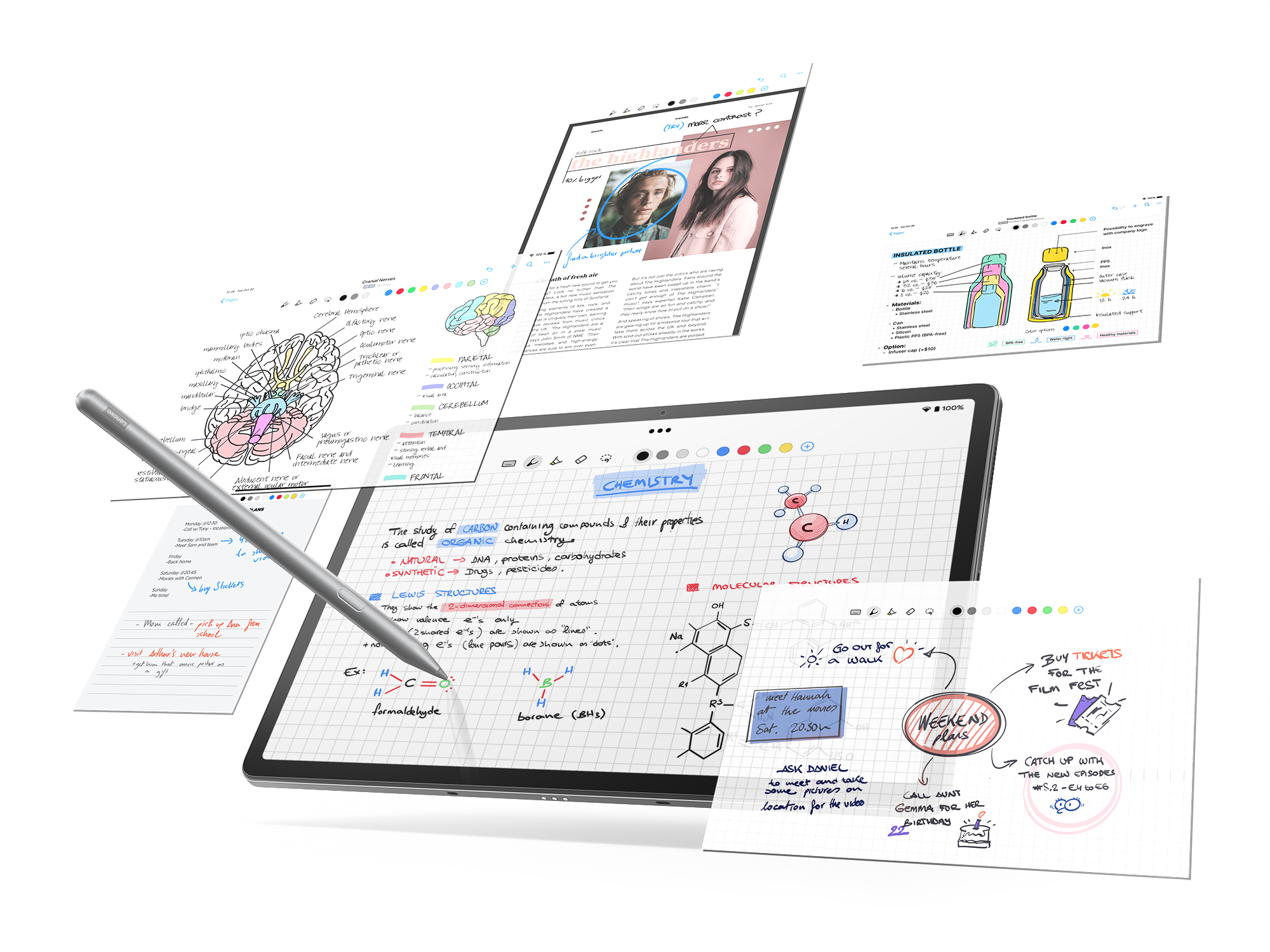 Ein Tablet mit handschriftlichen Notizen, einem Stift und losen Papieren. Die Szene hat einen weißen Hintergrund.
