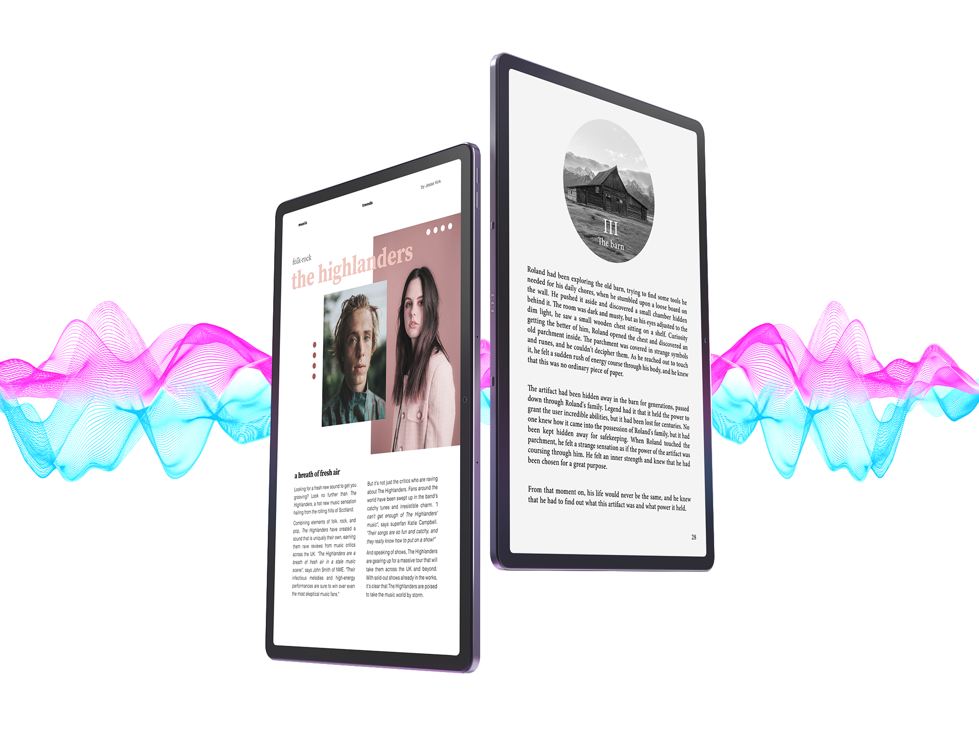 Zwei Tablets, eines mit einem Zeitschriftenartikel, das andere mit einer Buchseite, mit wellenförmigem Hintergrund.